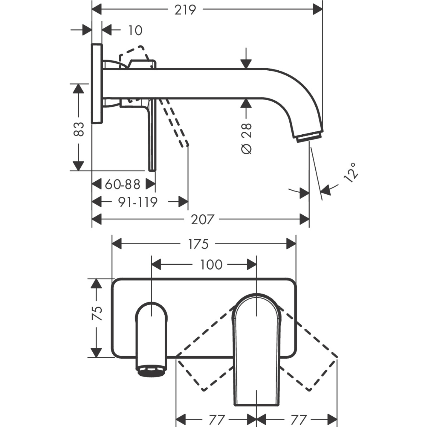 Hansgrohe Vernis Shape 2-Loch Waschtischmischer Unterputz für Wandmontage mit Auslauf 205 mm Mattsch 