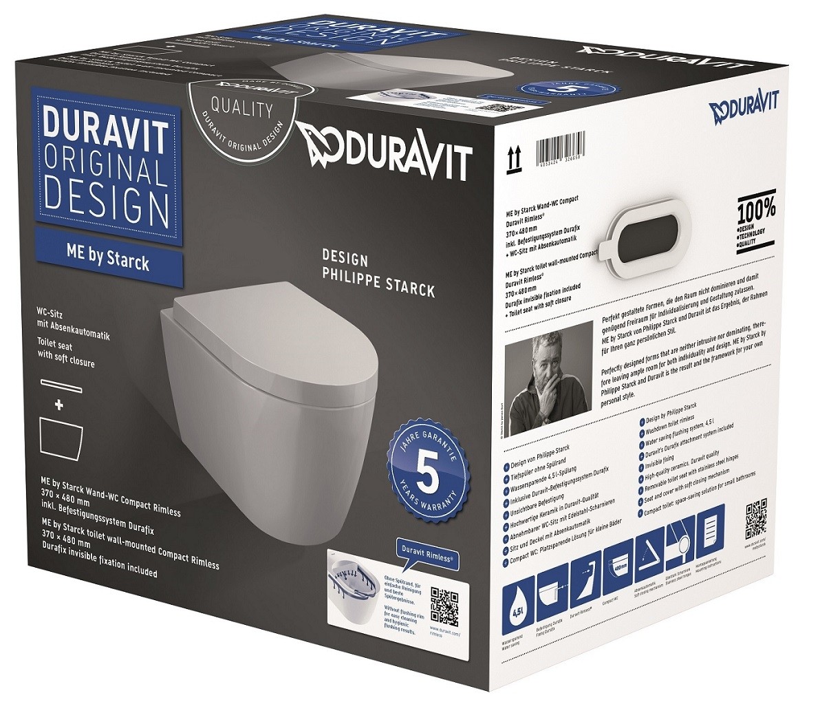 Duravit Me by Starck WC Compact Rimless Set Wand-Tiefspüler 370x480 mm